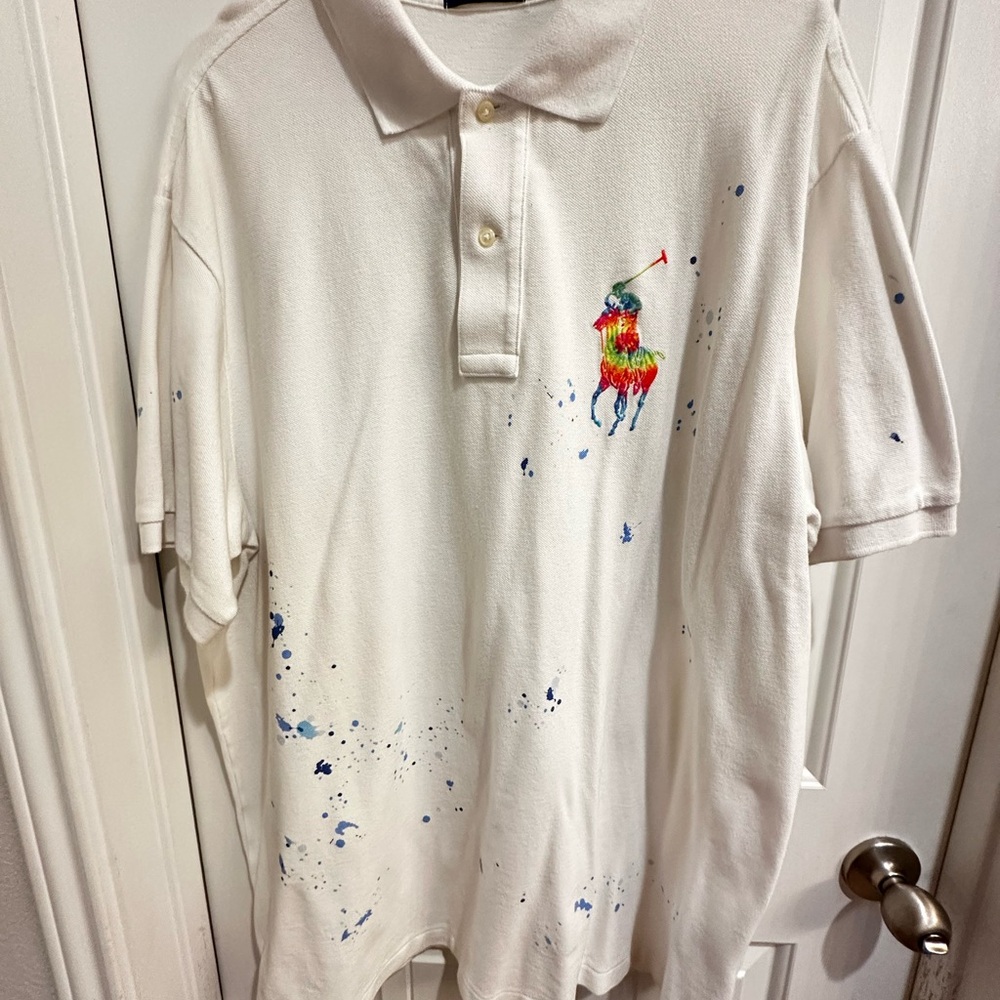 Like New Ralph Lauren White Polo Shirt with Artistic Paint Splatter